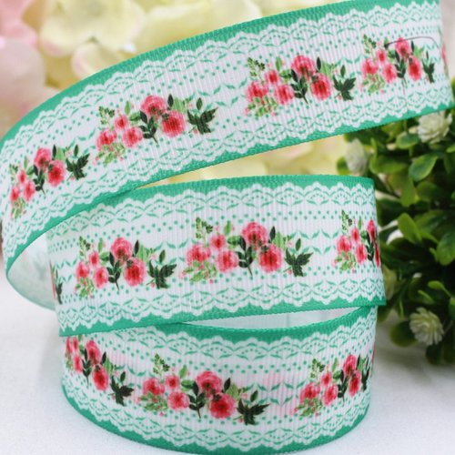 Ruban polyester : blanc/vert motif fleur largeur 26mm longueur 100cm (19)