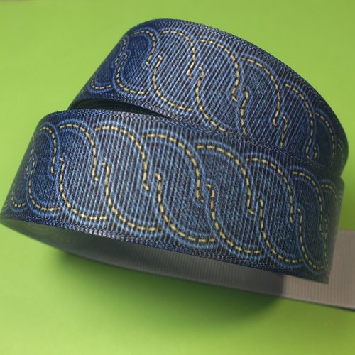 Ruban polyester : bleu fonçé motif fantaisie  25mm longueur 100cm (03)