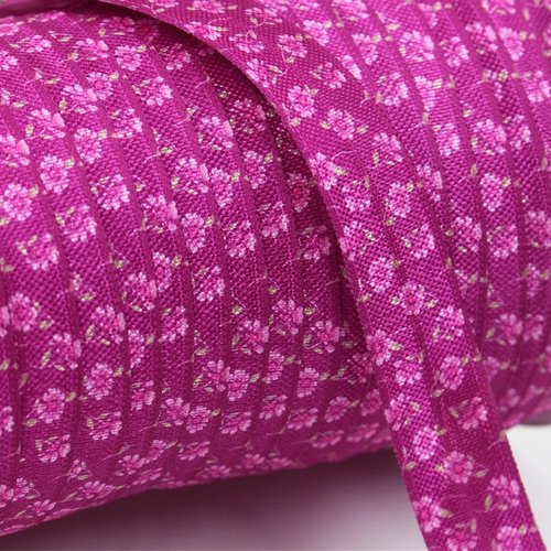 Ruban polyester elastique : violet motif fleur largeur 15mm longueur 100cm (20)