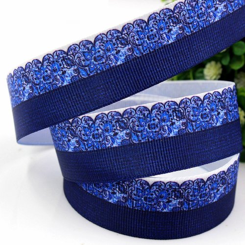 Ruban polyester : bleu motif fleur largeur 25mm longueur 100cm (21)