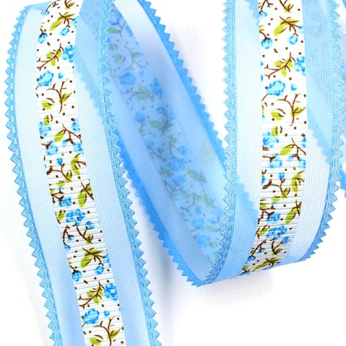 Ruban voile polyester : bleu clair motif fleur largeur 32mm longueur 100cm (01)