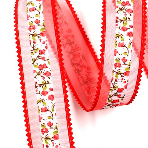 Ruban voile polyester : rouge motif fleur largeur 32mm longueur 100cm (01)