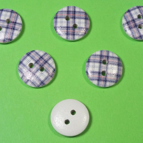 Lot 6 boutons bois : rond motif écossais 15mm (11)