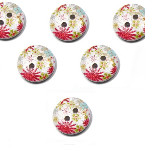 Lot 6 boutons bois : rond motif fleur 15mm (120)