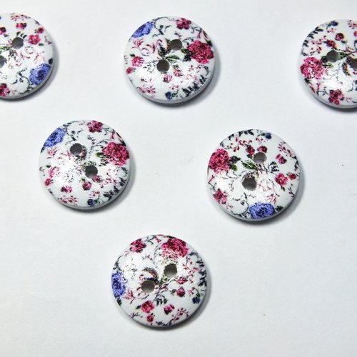 Lot 6 boutons bois : rond motif fleur 15mm (121)