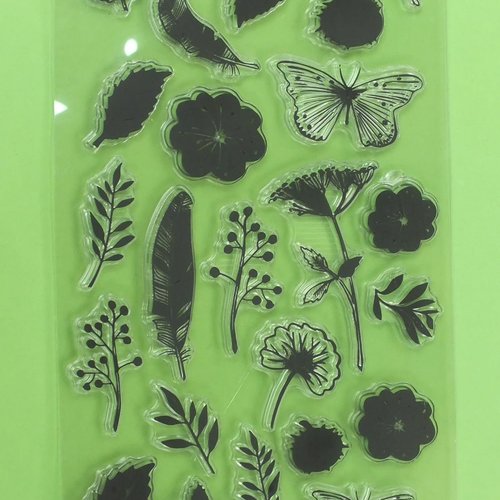 Tampons silicone transparent  motifs  feuiles,plumes et papillons