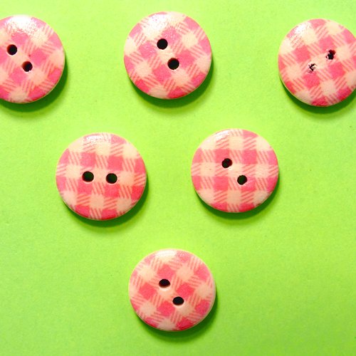 Lot 6 boutons bois : rond motif vichy rose/blanc 15mm (20)