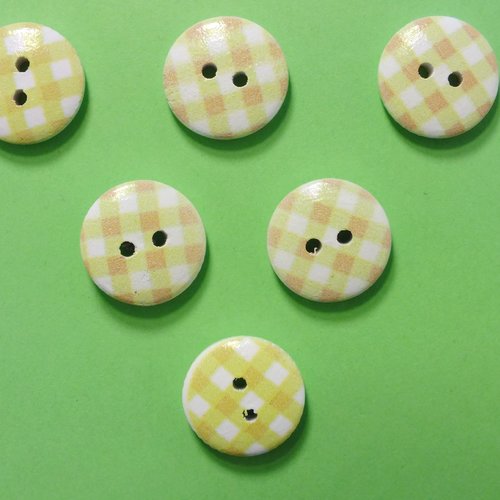 Lot 6 boutons bois : rond motif vichy jaune/blanc 15mm (10)