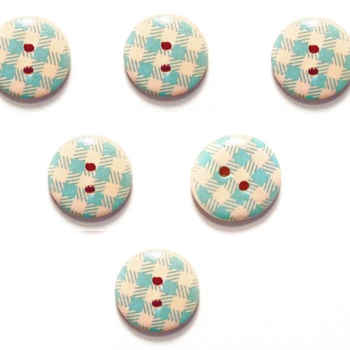 Lot 6 boutons bois : rond motif vichy bleu/blanc 15mm (22)