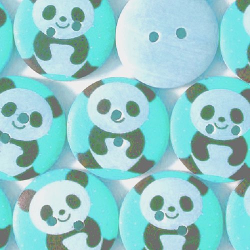 Lot 6 boutons bois : rond bleu motif panda 15mm