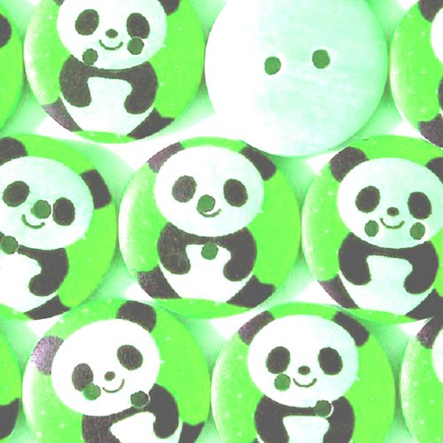 Lot 6 boutons bois : rond vert motif panda 15mm
