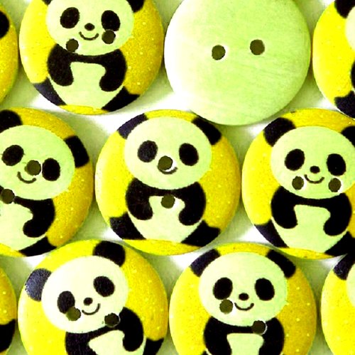 Lot 6 boutons bois : rond jaune motif panda 15mm