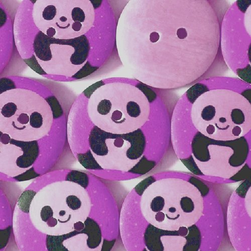 Lot 6 boutons bois : rond violet motif panda 15mm