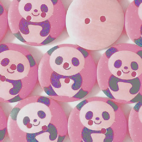 Lot 6 boutons bois : rond rose motif panda 15mm