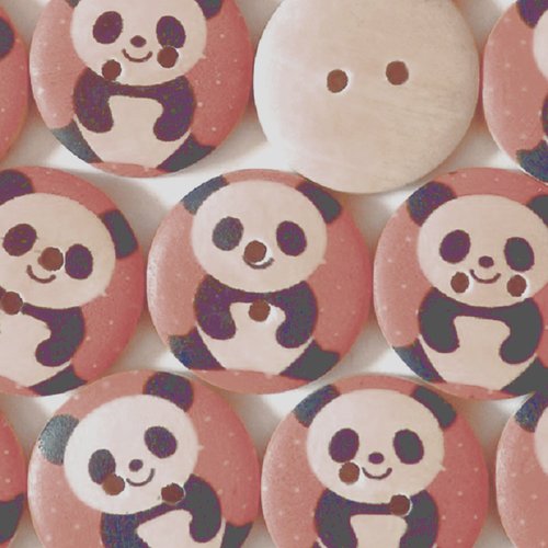 Lot 6 boutons bois : rond saumon motif panda 15mm