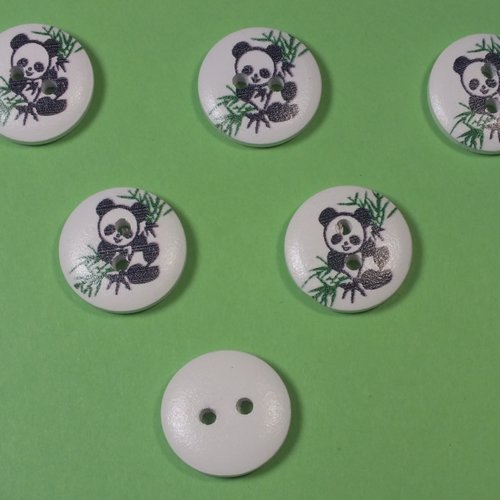 Lot 6 boutons bois : rond motif panda 18mm (02)