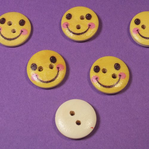 Lot 6 boutons bois : rond motif visage rigolo 15mm (07)