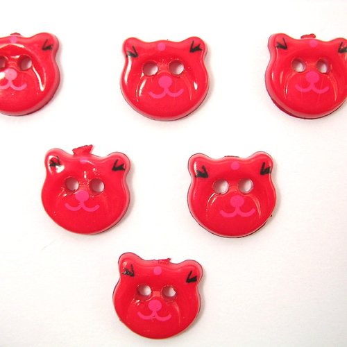 Lot 6 boutons acryliques : tete ours rouge 13*12mm (01)
