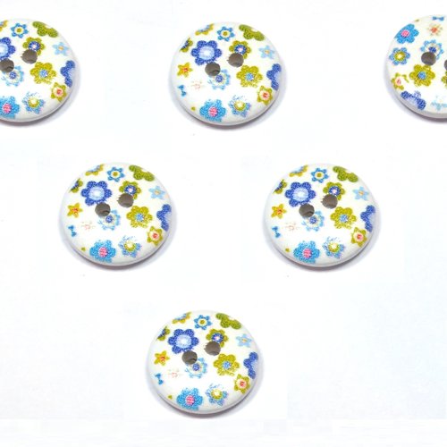 Lot 6 boutons bois : rond motif fleur 13mm (04)
