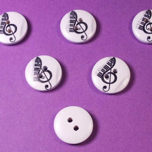 Lot 6 boutons bois : rond thème note musique 15mm (02)