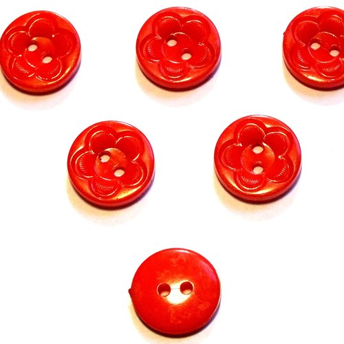 Lot 6 boutons acryliques : rond motif fleur rouge 15mm (01)
