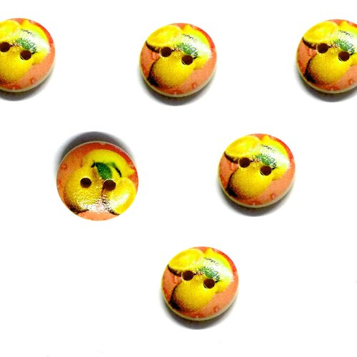 Lot 6 boutons bois : rond thème fruit motif citron 15mm