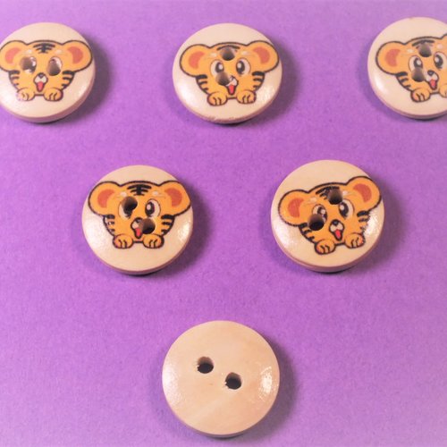 Lot 6 boutons bois : rond motif tigre 15mm (01)