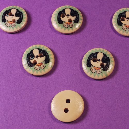 Lot 6 boutons bois : rond motif chien 15mm (01)