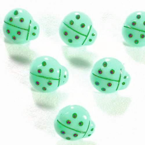 Lot 6 boutons acryliques : coccinelle vert turquoise/noire 14*13mm