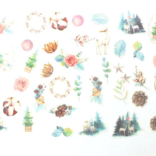 Lot 36 stickers :cerf et fleurs 2 à 5cm