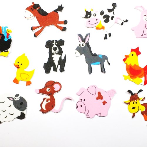 Lot 12 stickers mousse motif autocollant animaux de la ferme taille 4 à 6cm