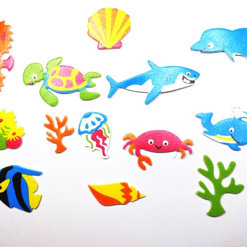 Lot 12 stickers mousse motif autocollant  thème mer taille 4 à 6cm