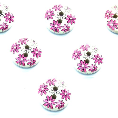 Lot 6 boutons bois : rond motif fleur 13mm (05)