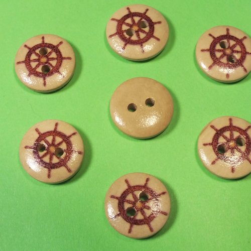 Lot 6 boutons bois : rond thème mer motif barre 15mm (45)