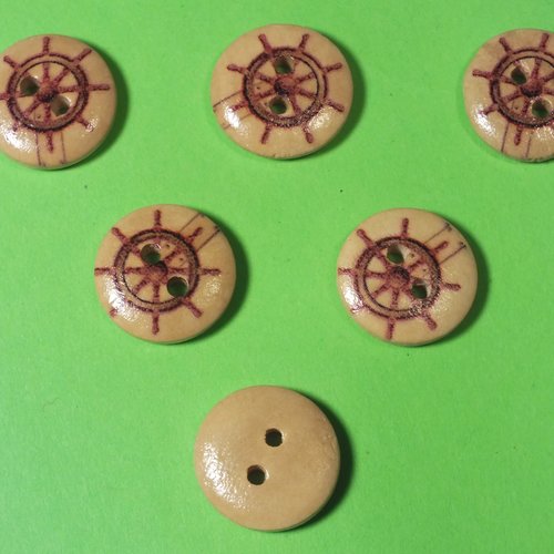 Lot 6 boutons bois : rond thème mer motif barre 15mm (51)