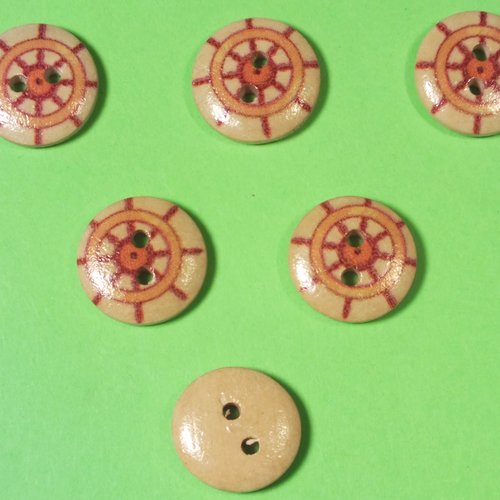 Lot 6 boutons bois : rond thème mer motif barre 15mm (52)