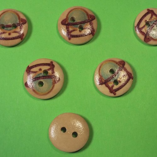 Lot 6 boutons bois : rond thème mer 15mm (46)