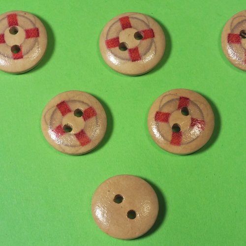 Lot 6 boutons bois : rond thème mer motif bouée 15mm (50)