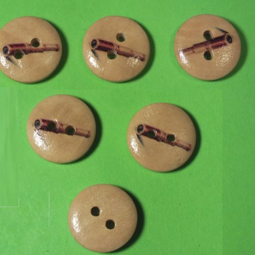 Lot 6 boutons bois : rond thème mer 15mm (49)