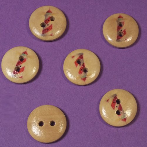 Lot 6 boutons bois : rond thème mer motif phare 15mm (55)