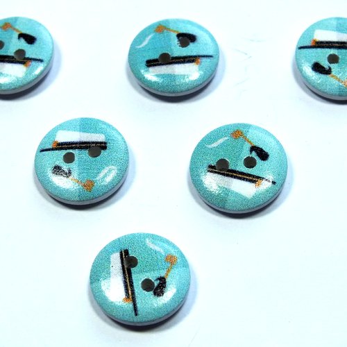 Lot 6 boutons bois : rond thème mer motif voilier 15mm (63)