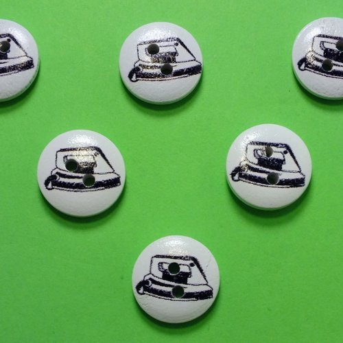 Lot 6 boutons bois : rond motif thème mercerie fer à repasser 15mm (01)