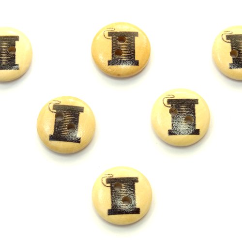 Lot 6 boutons bois : rond motif theme mercerie bobine fil 15mm (29)
