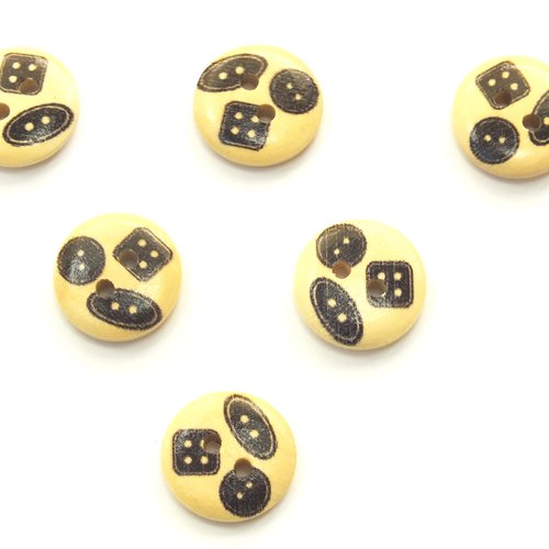 Lot 6 boutons bois : rond motif theme mercerie boutons 15mm (30)