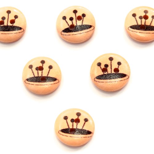 Lot 6 boutons bois : rond motif theme mercerie pique aiguilles 15mm (25)