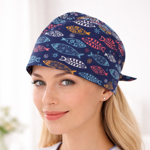 Calot infirmière poissons colorés – calot bloc opératoire fait main