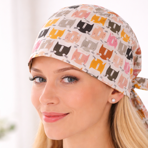 Calot infirmière chats colorés – calot bloc opératoire fait main – charlotte médicale femme coton – bonnet chirurgical original