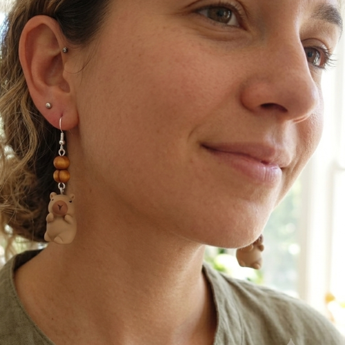 Boucles d'oreilles mélange de matiére bois et argent capybara