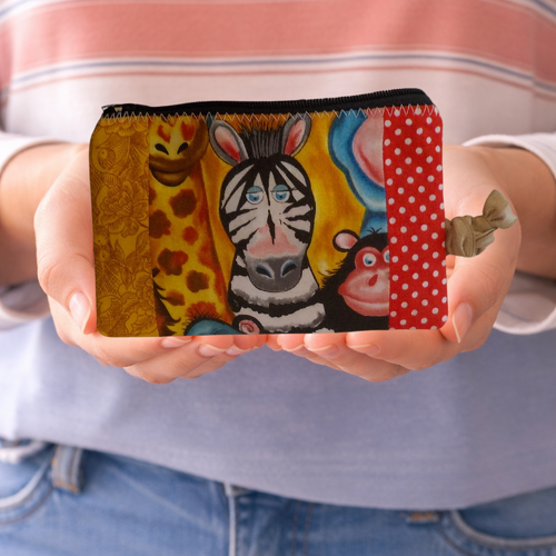 Porte monnaie animaux jungle pièce unique en patchwork girafe hippopotame lion coton entoilage fort tissus pois animaux