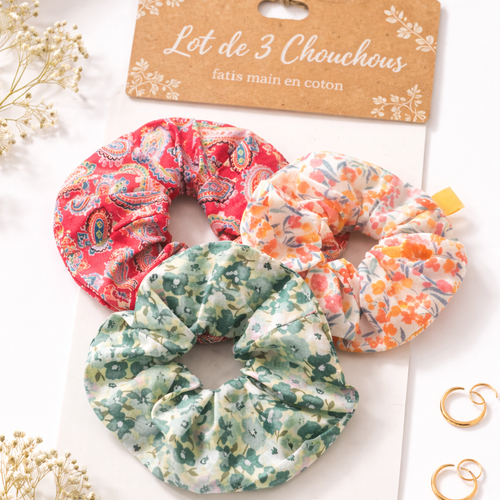 Lot de 3 chouchous faits mains en coton fleurs élastiques femme cheveux longs